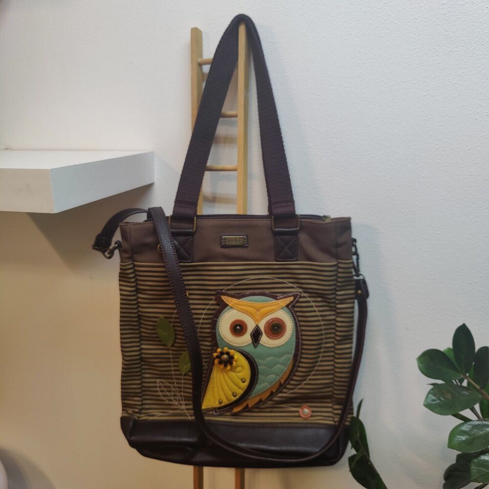 CHALA Owl Stripe Convertible Tote Bag Purse Brown Canvas Leather Bottom